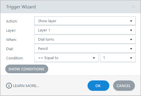 Dial triggers are dependent on a number variable. For example, "Show layer when Dial turns equal to 1."