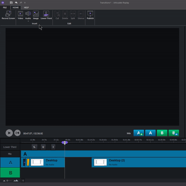 Inserting an image into Replay 360 and dragging it to its position in the newly-split video track