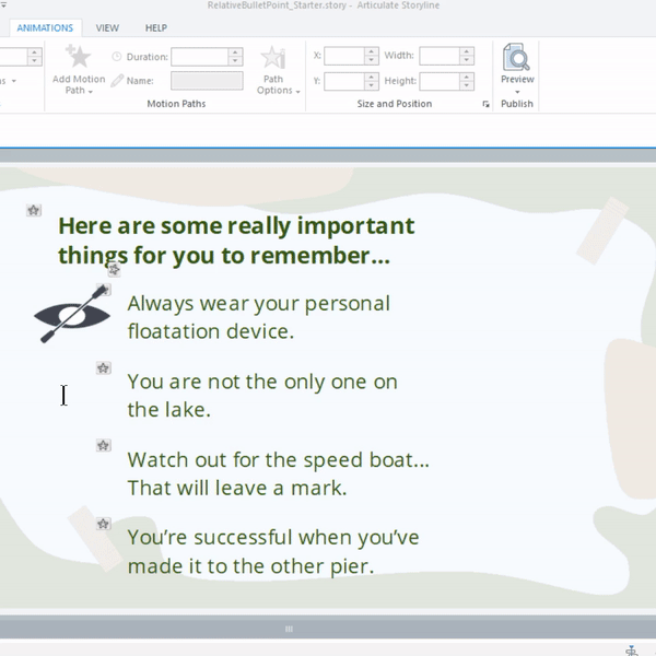 Demonstrates selecting the Animations tab, then selecting Add Motion Path and Lines.