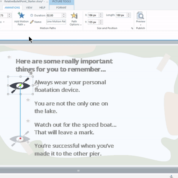 Demonstrates editing the name of motion path to “Kayak Path” while still on the Animations tab.