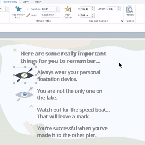 Demonstrates editing the Path Options on the Animations tab and selecting Relative Start Point.