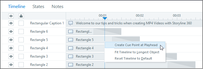 Screenshot of the Timeline for a sample course in Storyline 360. Information about the Timeline is provided in the following paragraph.