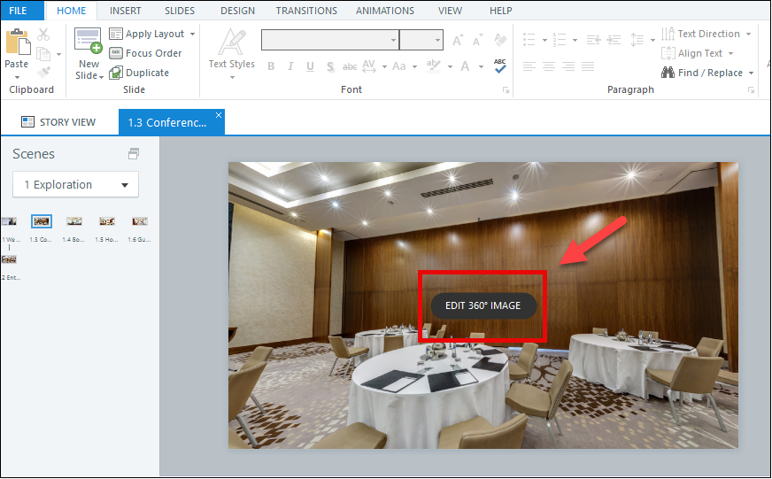 Screenshot of a 360° image on a slide in Storyline 360. The “Edit 360° Image” button is highlighted.