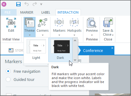 Screenshot of Interaction tab in Storyline 360.The Theme menu is expanded and the Dark theme is selected.