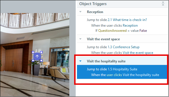 Screenshot of a 360° image in Storyline 360 with a marker and trigger highlighted.