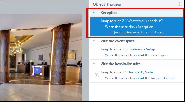 Screenshot of a 360° image in Storyline 360 with a marker and trigger highlighted. Variable "QuestionAnswered" is set to False.