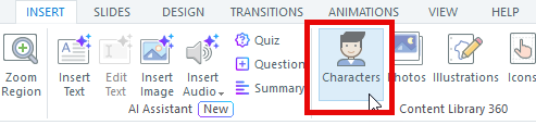 Screenshot of the Insert tab with Characters option selected in Storyline 360.