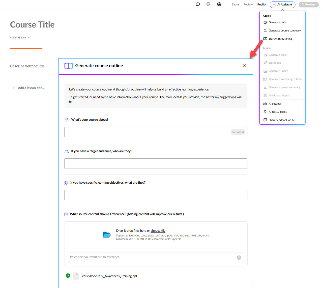 Screenshot of Rise 360 course with Start with outlining option selected.