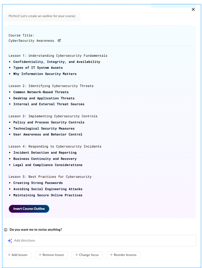 Screenshot of Rise 360 course outline that was generated by AI Assistant.