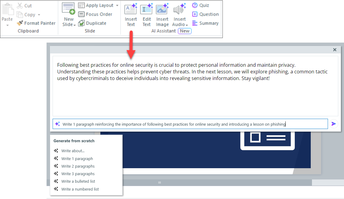 Screenshot of Storyline 360 slide with AI Insert Text selected, and an arrow pointing to the text that was generated.