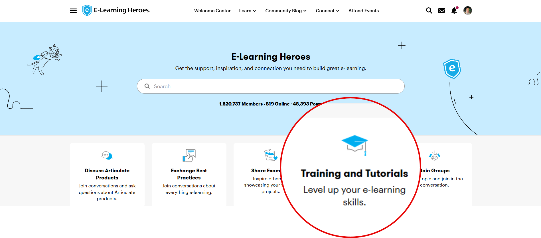 Screenshot of the E-Learning Heroes webpage with the "Training and Tutorials" option highlighted.