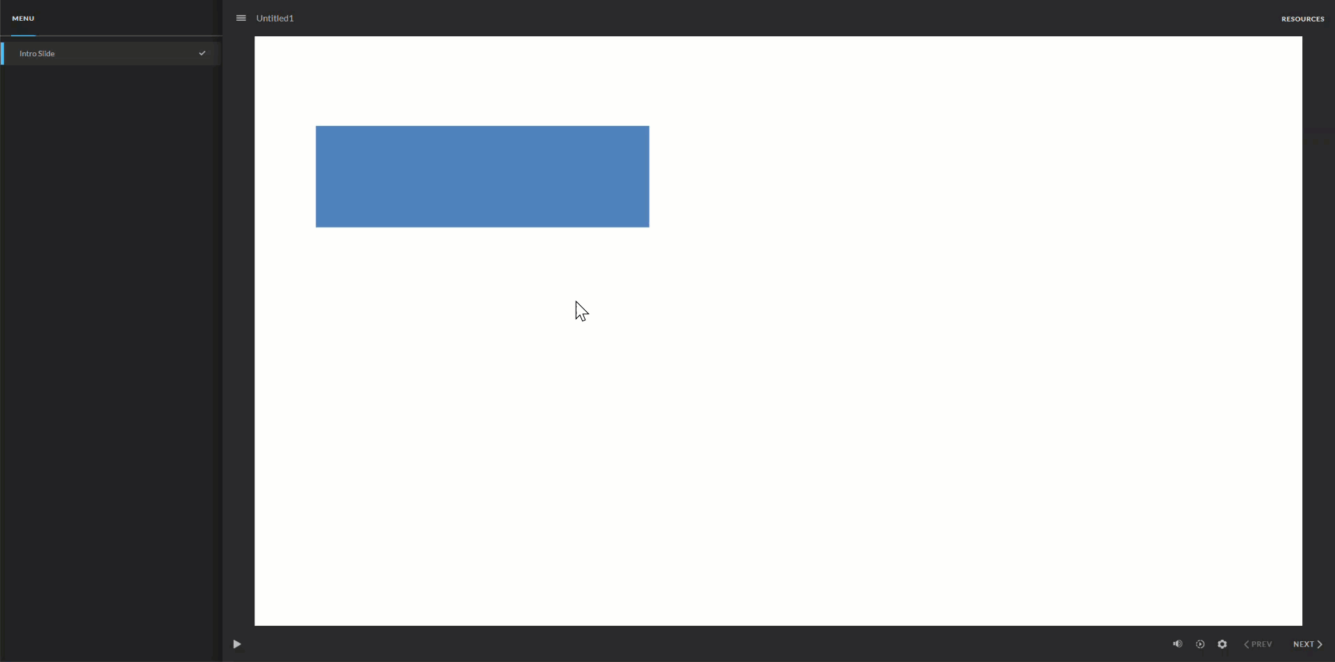 Blue rectangle button in Articulate Storyline 360 that displays a darker blue rectangle sliding up from the bottom when a mouse hovers over it.
