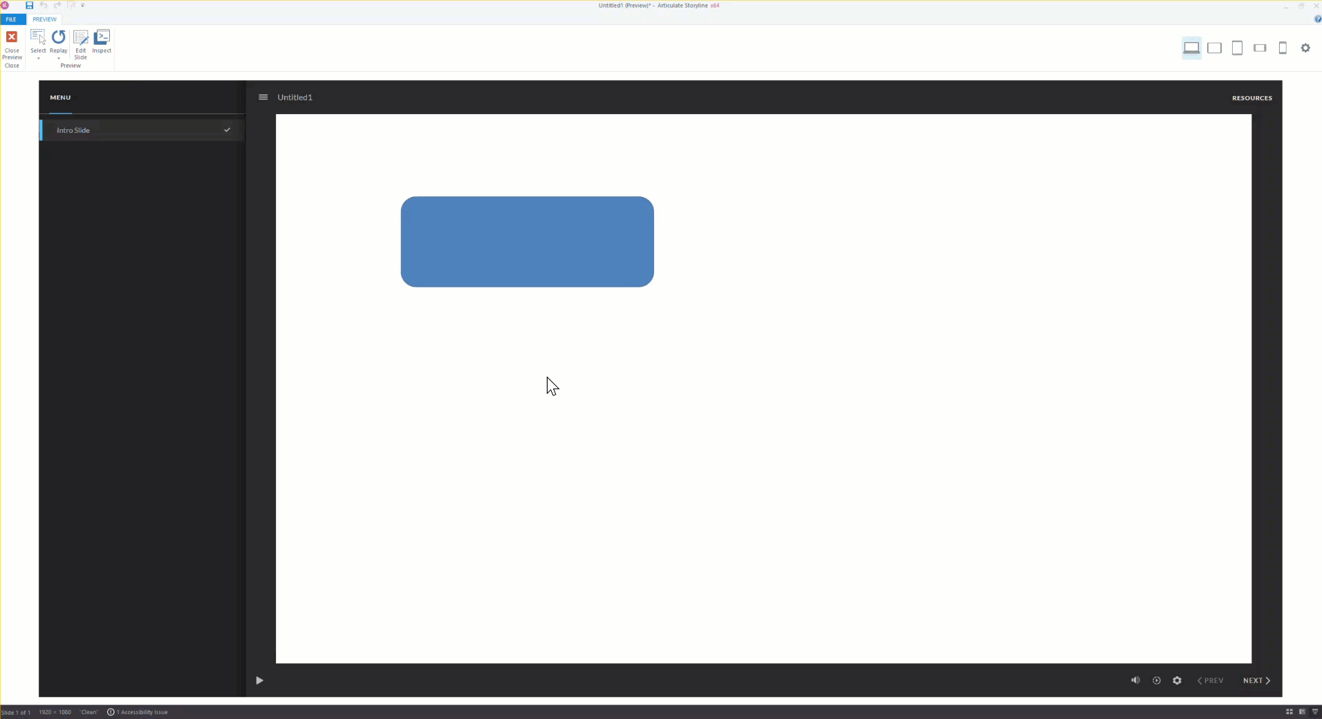 Blue rounded rectangle button in Articulate Storyline 360 that grows tallers and wider when a mouse hovers over it.