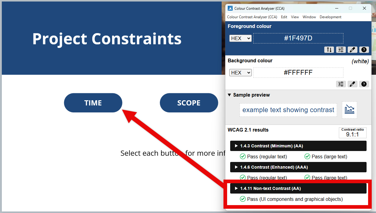 Storyline slide with dark blue buttons on a white background. The Color Contrast Analyzer displays a contrast ratio of 9.1:1 with a “Pass” message for UI components and graphical objects.